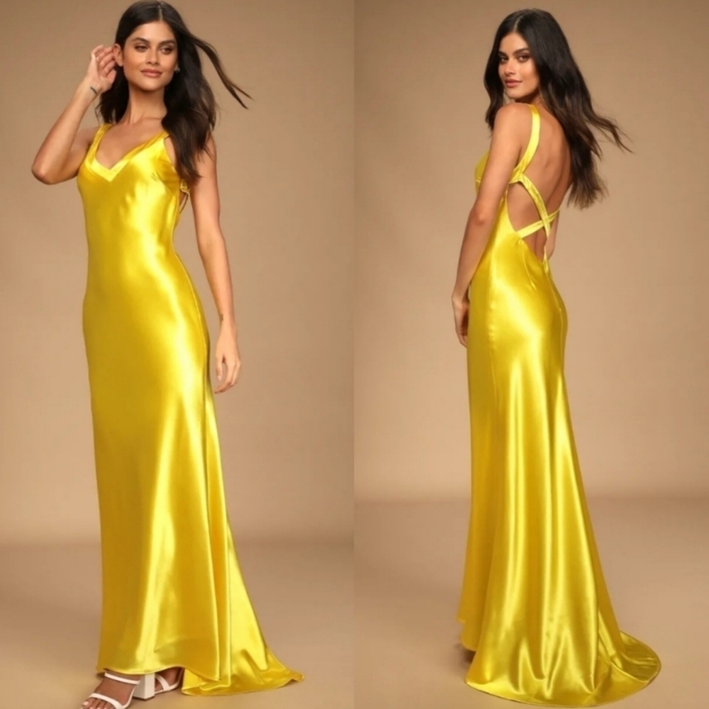 Lulus Perfectly Classy Yellow Satin Strappy Maxi Dress Wedding Party Formal